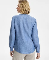 Charter Club Women's Button-Down Roll-Tab-Sleeve Woven 100% Linen Top, Exclusively at Macy's