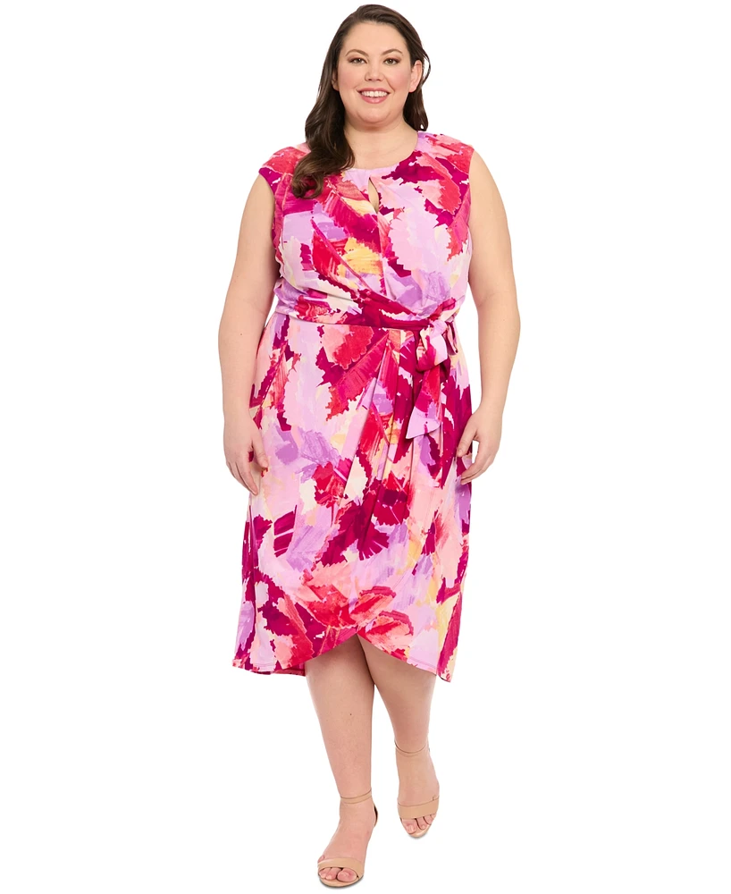 London Times Plus Printed Side-Tie Sleeveless Dress