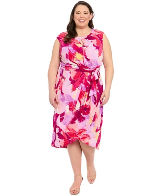 London Times Plus Printed Side-Tie Sleeveless Dress