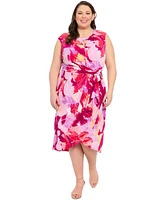 London Times Plus Printed Side-Tie Sleeveless Dress
