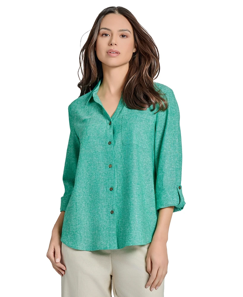 Jones New York Women's Linen-Blend Roll-Tab Shirt