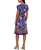 kensie Women's Printed V-Neck Smocked-Back A-Line Dress