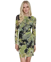 Dkny Petite Printed-Mesh Ruched-Side Bodycon Dress