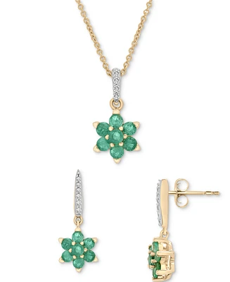 Emerald (1-1/20 ct. t.w.) & Diamond (1/20 ct. t.w.) Flower Pendant Necklace & Drop Earrings Set in 14k Gold over Sterling Silver