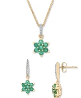 Emerald (1-1/20 ct. t.w.) & Diamond (1/20 ct. t.w.) Flower Pendant Necklace & Drop Earrings Set in 14k Gold over Sterling Silver