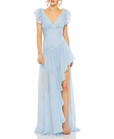 Women's Asymmetrical Ruched Gown With Flutter Sleeves