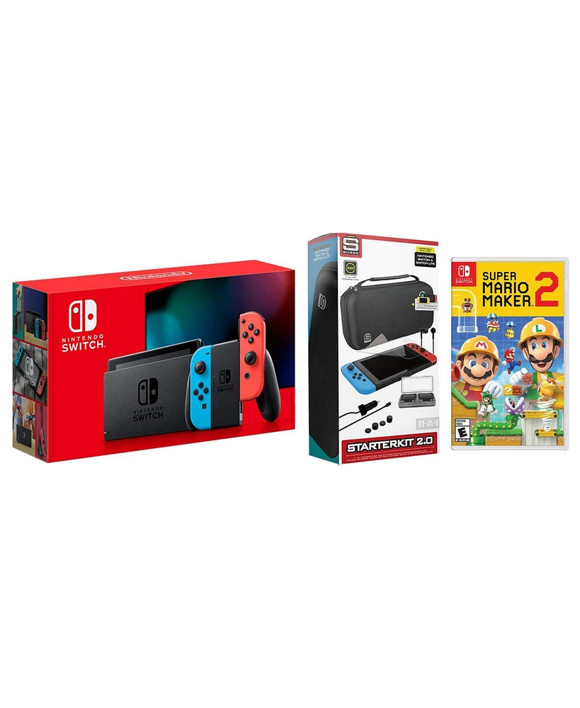 Nintendo Switch 32GB Console Neon Red/Blue Joy-Con Bundle with Surge 11-In-1 Accessory Starter Pack and Super Mario Maker 2