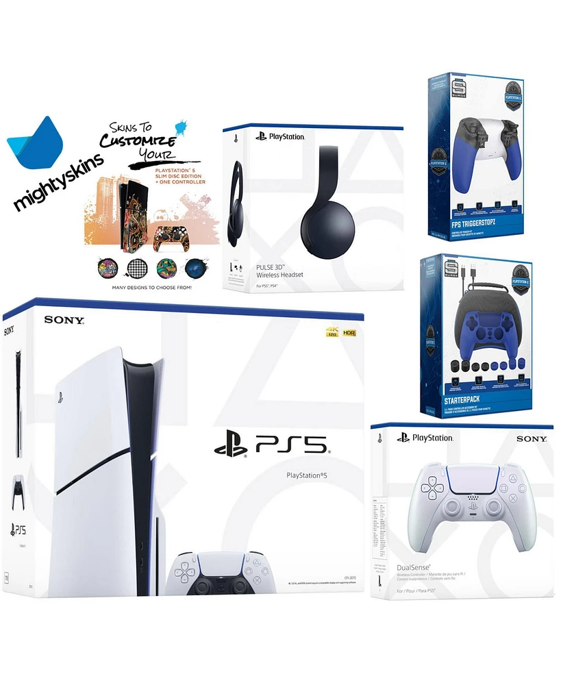 Sony Playstation 5 Slim Disc Bundle with Black Pulse Headset, Extra Chroma Pearl Controller, Pro Gamer Kit, Trigger Kit and MightySkins Decal Voucher