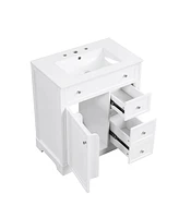 30" White Bathroom Vanity Cabinet with Sink Top and Storage