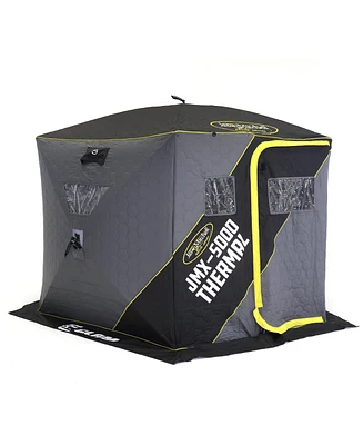 Clam 17485 Portable 6 Person 9 Foot Jason Mitchell X5000 Pop Up Ice Fishing Angler Thermal Hub Shelter Tent with Anchor Straps and Carrying Bag