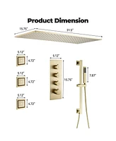 Luxury Thermostatic Shower System with Body Jets, Square Rainfall Head Handheld Shower, Temperature Control, Brushed Gold