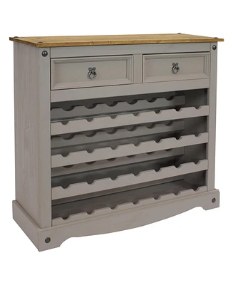 34.5-Inch H 28-Bottle Solid Pine Wine Rack Table - Four 7-Bottle Rows - 2 Drawers - Zinc Alloy Drawer Pulls - Gray