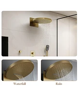 3-Function Wall Mounted 16" Thermostatic Shower System with Body Jets, 2-Mode Rainfall Showerhead, 3-Spray Handheld for Bathroom, Brushed Gold