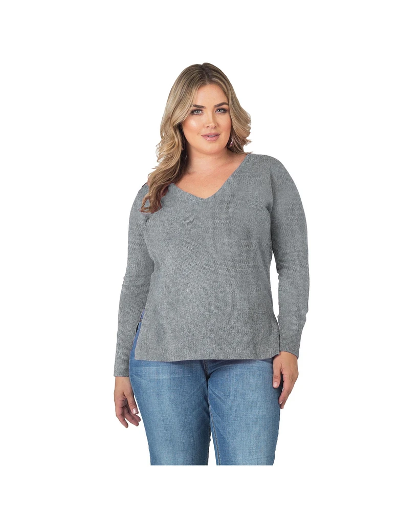 Plus Size Split Side Loose Long Sleeve V-Neck Pullover Cashmere Sweater