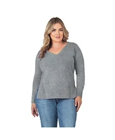 Plus Size Split Side Loose Long Sleeve V-Neck Pullover Cashmere Sweater