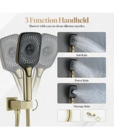 3-Function Wall Mounted 16" Thermostatic Shower System with Body Jets, 2-Mode Rainfall Showerhead, 3-Spray Handheld for Bathroom, Brushed Gold