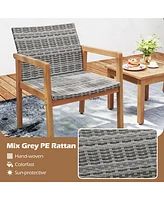 Gymax Pieces Outdoor Furniture Set Acacia Wood Frame Sofa Set w/ Rattan Seat