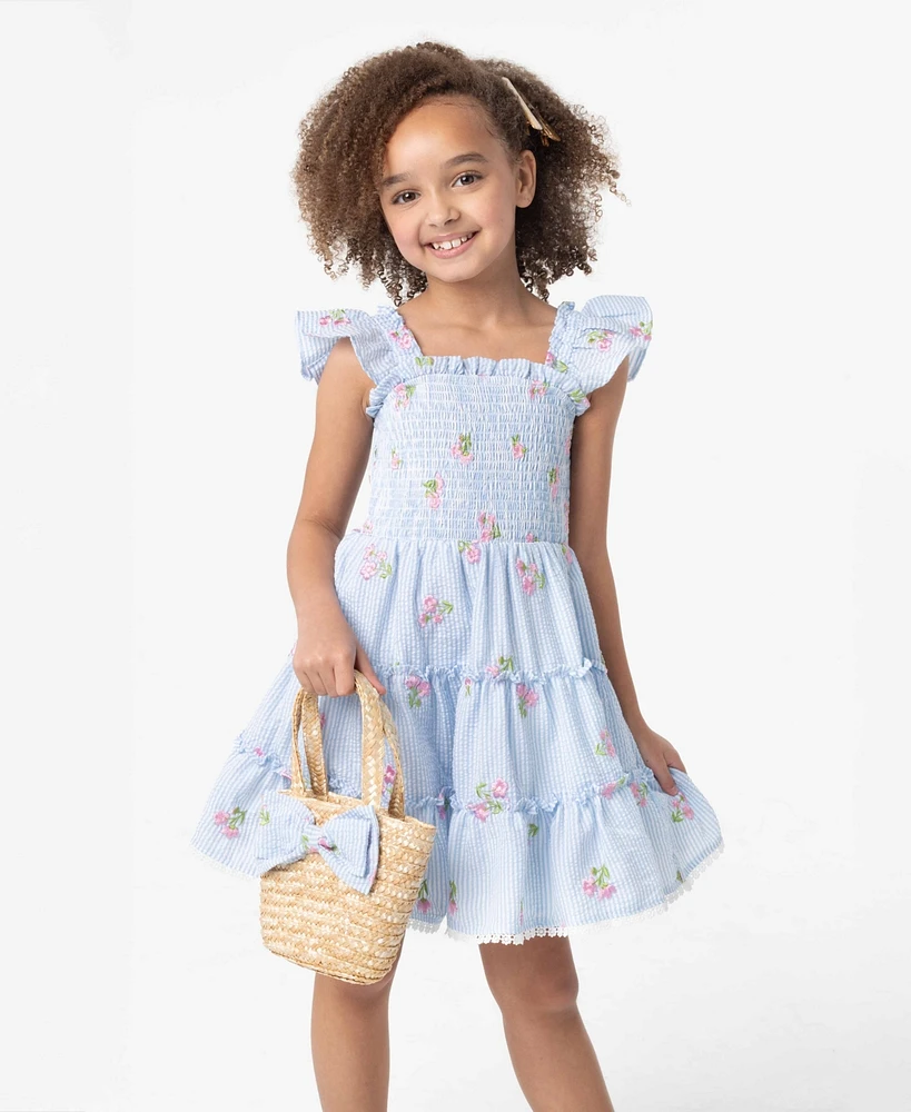 Rare Editions Little and Toddler Girls 2-Piece Floral Schiffli Seersucker Dress with Bag Set