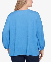 Ruby Rd. Plus Solid Textured Eyelet 3/4 Sleeve Top