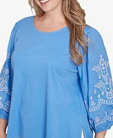 Ruby Rd. Plus Bella Blue Embroidered 3/4 Sleeve Top