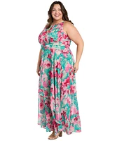 R & M Richards Plus Printed Overlay-Skirt Maxi Dress