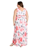 R & M Richards Plus Printed Ruched-Waist Pleated Dress