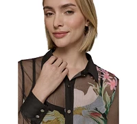 Karl Lagerfeld Paris Petite Sheer Floral Button-Up Shirt