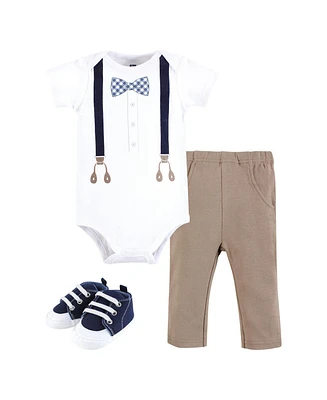 Hudson Baby Infant Boy Cotton Bodysuit, Pant and Shoe Set, Blue Gingham Bow Tie, 9-12 Months