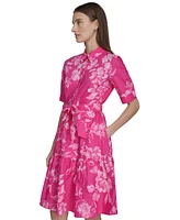 Calvin Klein Women's Cotton Floral Belted Tie-Cuff Dress