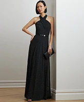 Lauren Ralph Women's Polka-Dot Belted Georgette Halter Gown