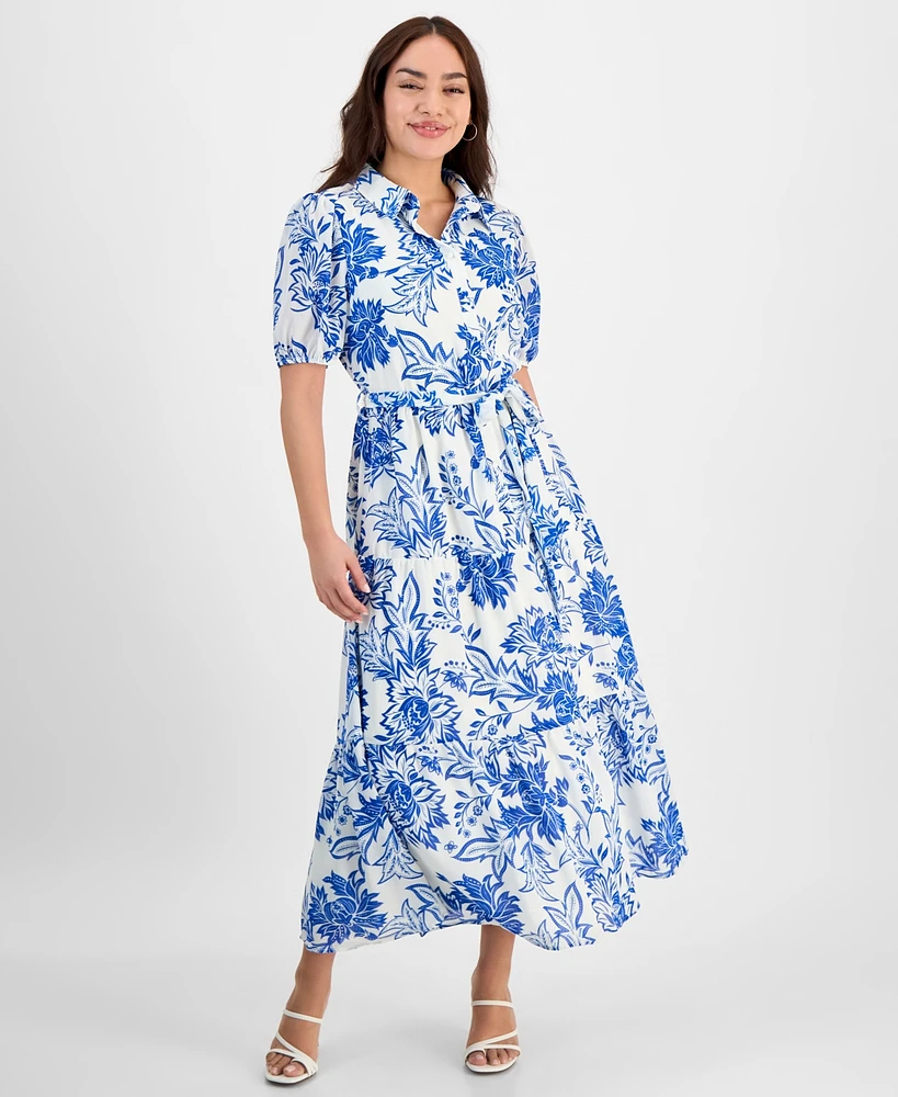 Tinsel Petite Floral-Print Belted Tiered Shirtdress