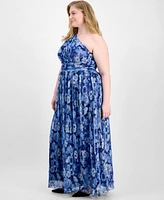 B Darlin Trendy Plus Printed One-Shoulder Gown