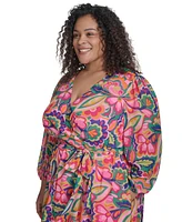 Jessica Howard Plus Printed Tie-Waist Blouson-Sleeve Maxi Dress