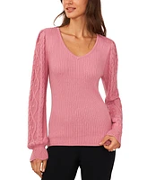 CeCe Women's V-Neck Cable Knit Sleeve Sweater