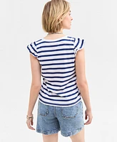 On 34th Women's Striped Flutter-Sleeve Voop-Neck T-Shirt, Exclusively at Macy's