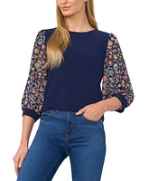 CeCe Women's Mixed-Media Floral-Sleeve Round-Neck Top