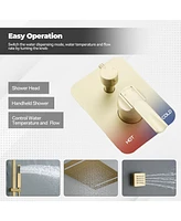 Luxury Shower System Square Top Spray with Body Jets, Led Light Single-Function Handle, and Adjustable Lifting Rod for Bathroom, Brushed Gold