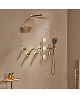 Luxury Thermostatic Shower System with Handheld Head Faucet Set Shelf and Hook Body Jets, Brushed