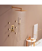 Brushed Gold Wall Mount Thermostatic Rain Shower System with Handheld Shower Shower System with Side Body Jets and Digital Display