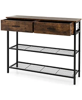 Entryway Table with 2 Drawers and 2-Tier Storage Shelves for Home Organization