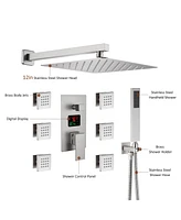 Brushed Nickel Wall Mount Thermostatic Rain Shower System with Handheld Side Body Jets and Digital Display