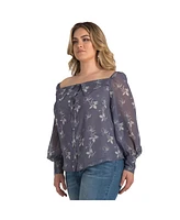 Plus Floral Print Long Sleeve Button Down Off-The-Shoulder Blouse