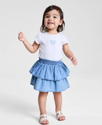 Calvin Klein Baby Girls Ribbed Logo Bodysuit & Denim Skirt, 2 Piece Set