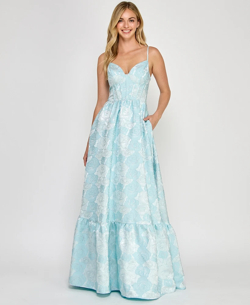 Crystal Doll Juniors' Sleeveless Brocade Corset Gown