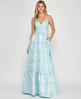 Crystal Doll Juniors' Sleeveless Brocade Corset Gown