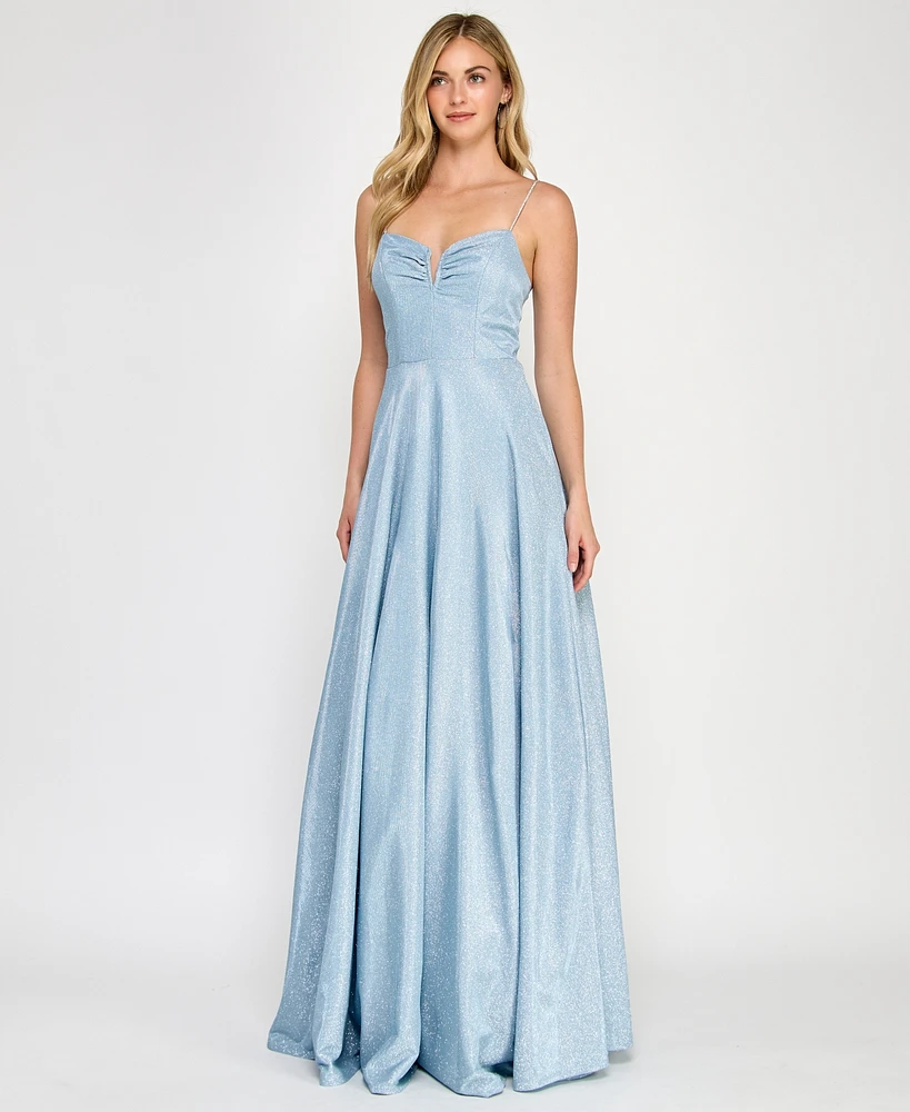 Crystal Doll Juniors' Rhinestone-Strap Glitter Gown