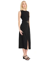 Luxely Women's Belted Boat-Neck Sleeveless Midi Dress