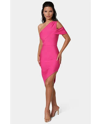 Bebe Women's Asymmetrical High Slit Bandage Midi Dress