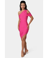 Bebe Women's Asymmetrical High Slit Bandage Midi Dress