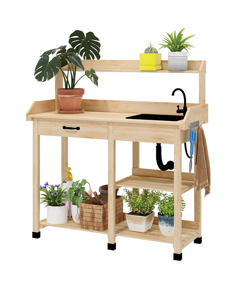 Outsunny Outdoor Garden Potting Bench Table with Hooks, Natural Wood